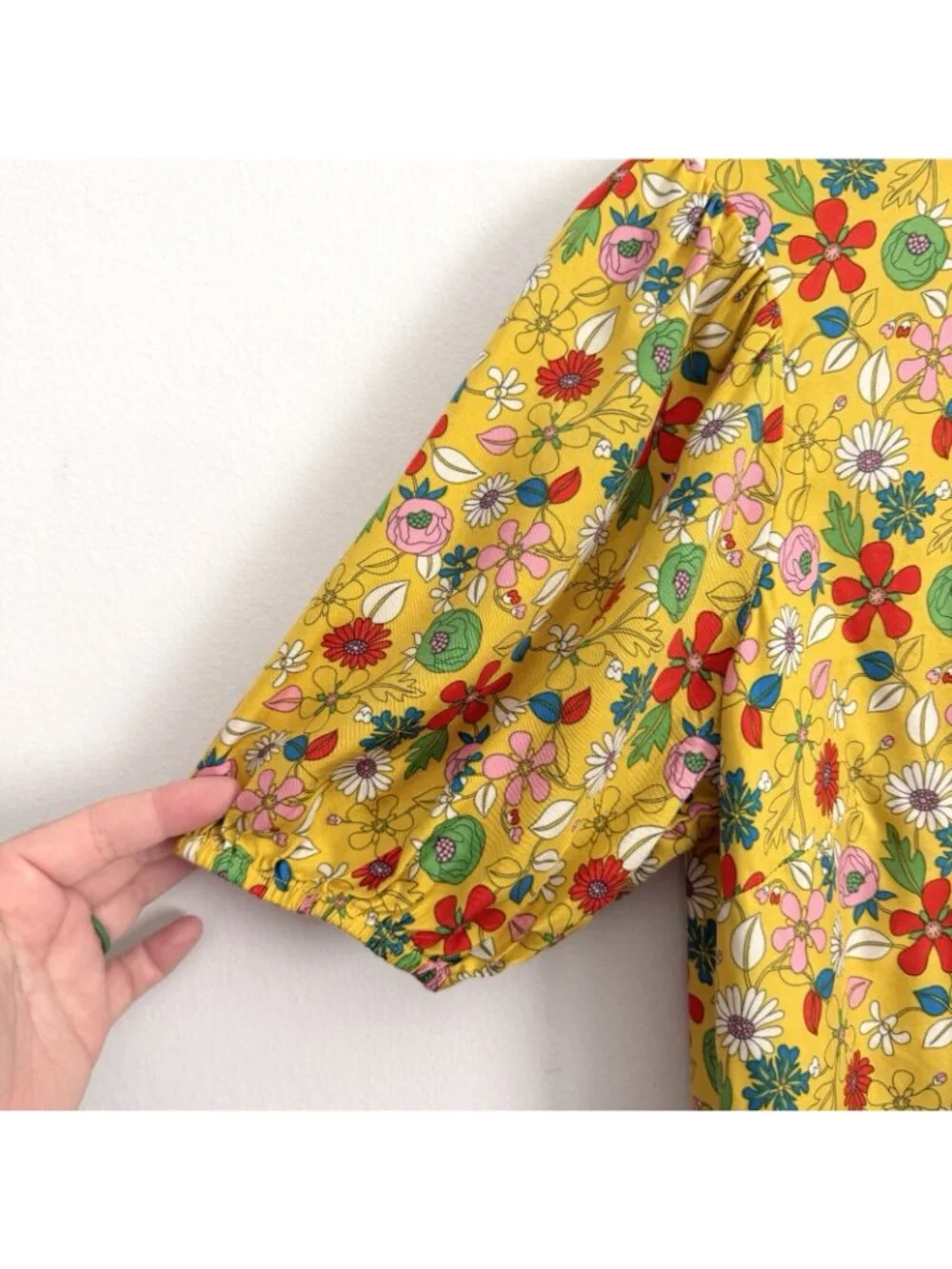 Boden Adriana Puff Sleeve Top Yellow Honeycomb Floral Blouse Women’s US 4